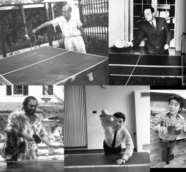 Collage de Músicos jugando ping-pong, con imágenes reuindas por Larry Hodges